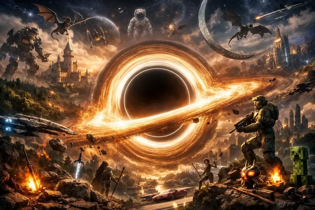 Splash art of Black hole surrounded by Videos Games characters